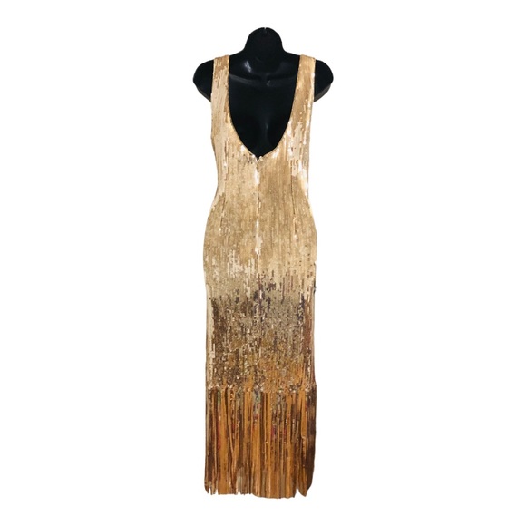 Nanette lepore gold Sequin Fringe flapper style low cut back Midi-Dress size 10 - Picture 6 of 15